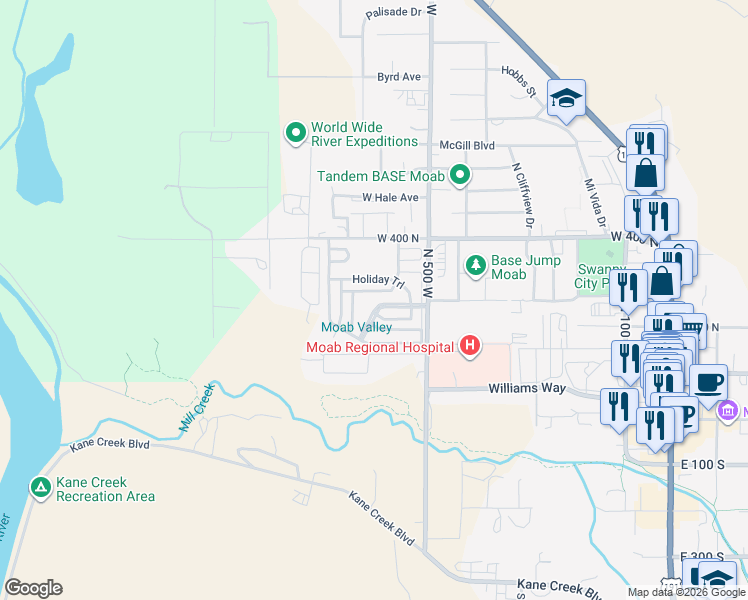 map of restaurants, bars, coffee shops, grocery stores, and more near 400 North 500 West in Moab