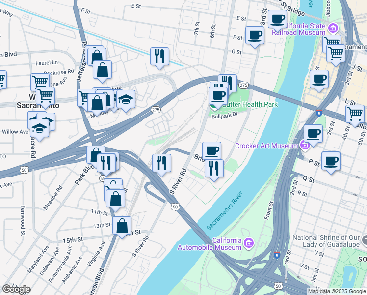 map of restaurants, bars, coffee shops, grocery stores, and more near 870 Riske Ln in West Sacramento