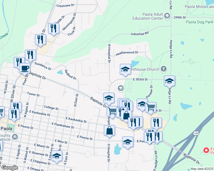 map of restaurants, bars, coffee shops, grocery stores, and more near 504 North Hospital Drive in Paola