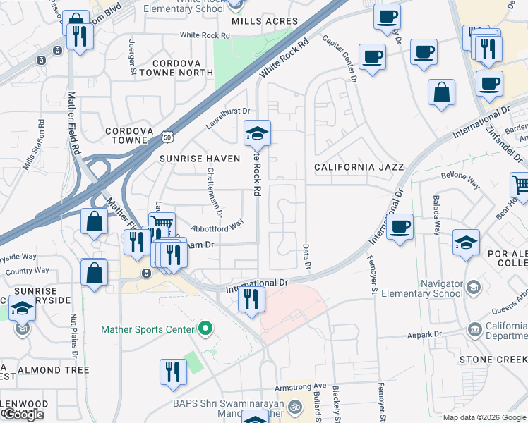 map of restaurants, bars, coffee shops, grocery stores, and more near 3600 Data Drive in Rancho Cordova