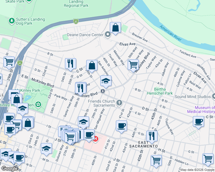 map of restaurants, bars, coffee shops, grocery stores, and more near 3928 McKinley Boulevard in Sacramento