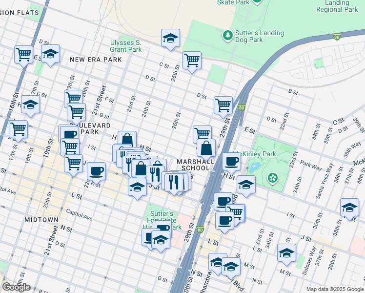 map of restaurants, bars, coffee shops, grocery stores, and more near 2623 H Street in Sacramento