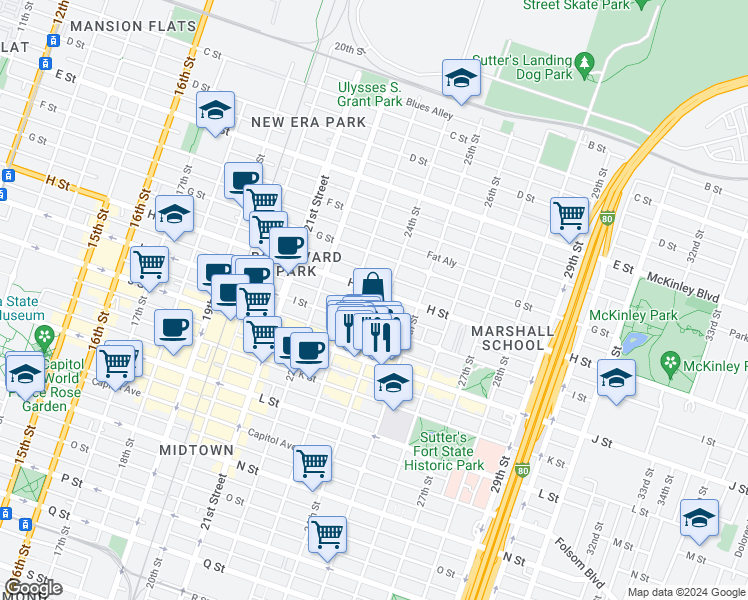 map of restaurants, bars, coffee shops, grocery stores, and more near 2323 I Street in Sacramento