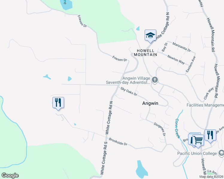 map of restaurants, bars, coffee shops, grocery stores, and more near 134 White Cottage Road North in Angwin