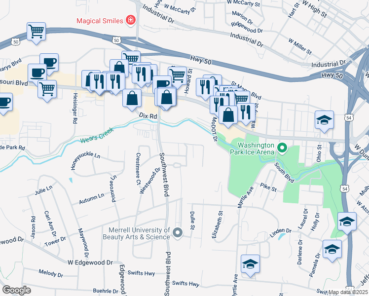 map of restaurants, bars, coffee shops, grocery stores, and more near 823 Southwest Boulevard in Jefferson City