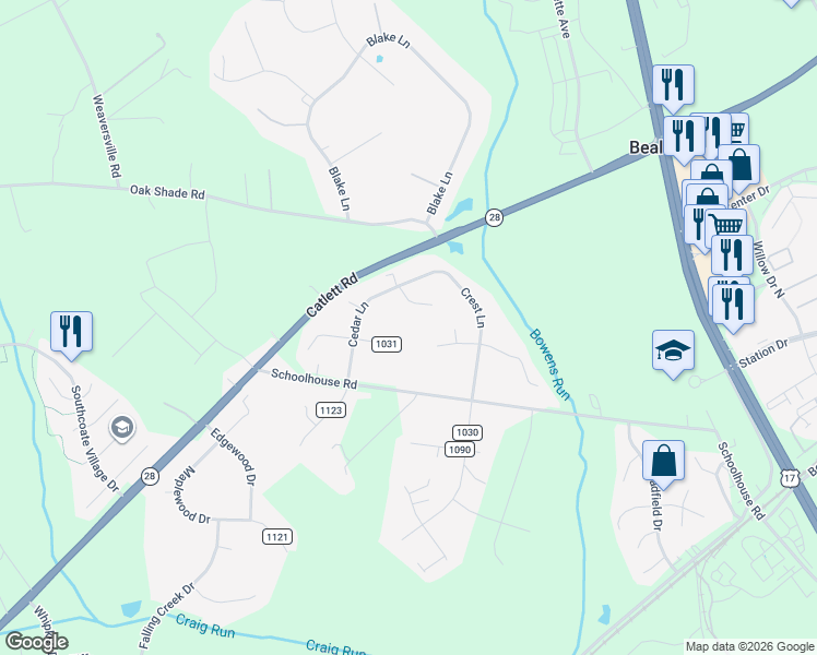map of restaurants, bars, coffee shops, grocery stores, and more near 6644 Forbes Place West in Bealeton