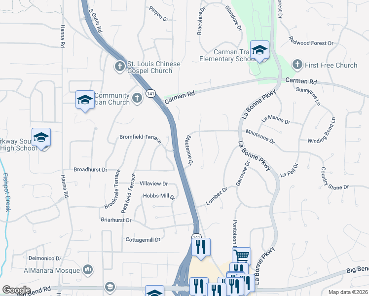 map of restaurants, bars, coffee shops, grocery stores, and more near 1254 Mautenne Drive in Ballwin