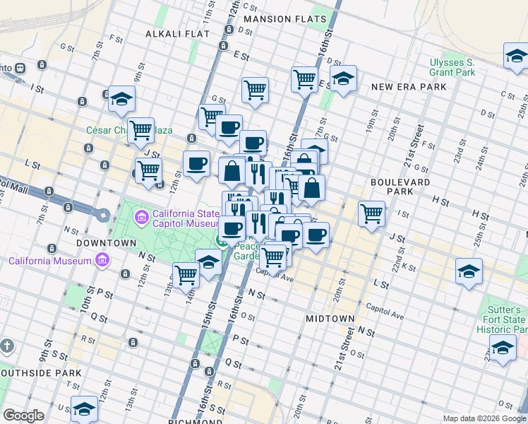 map of restaurants, bars, coffee shops, grocery stores, and more near 1500 K Street in Sacramento