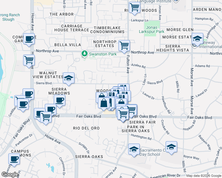 map of restaurants, bars, coffee shops, grocery stores, and more near 544 Woodside Oaks in Sacramento