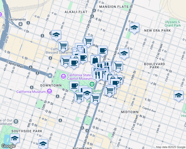 map of restaurants, bars, coffee shops, grocery stores, and more near 1418 K Street in Sacramento