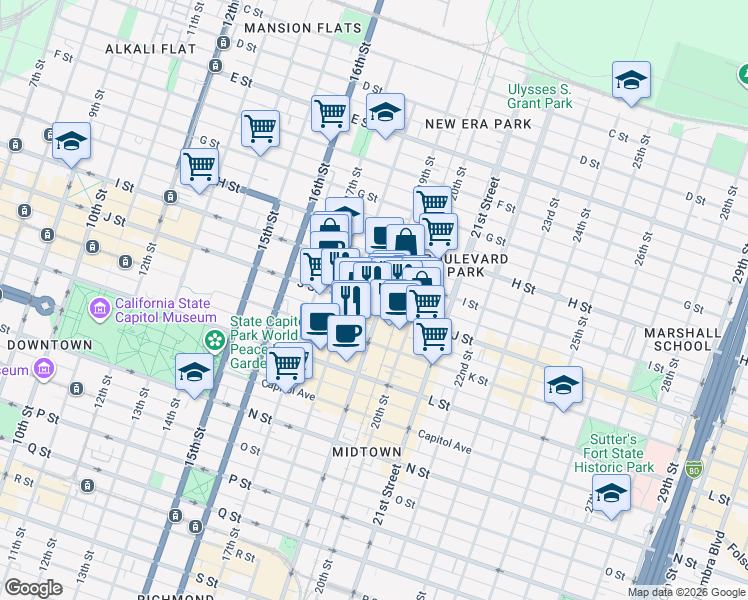 map of restaurants, bars, coffee shops, grocery stores, and more near 1827 J Street in Sacramento