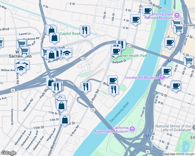 map of restaurants, bars, coffee shops, grocery stores, and more near 870 Riske Lane in West Sacramento