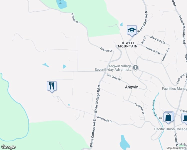 map of restaurants, bars, coffee shops, grocery stores, and more near 125 White Cottage Road North in Angwin