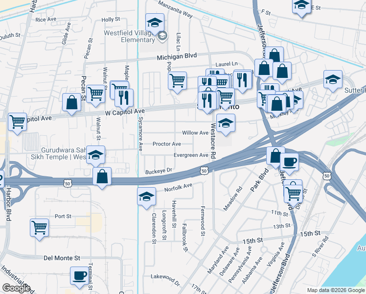 map of restaurants, bars, coffee shops, grocery stores, and more near 1812 Evergreen Avenue in West Sacramento