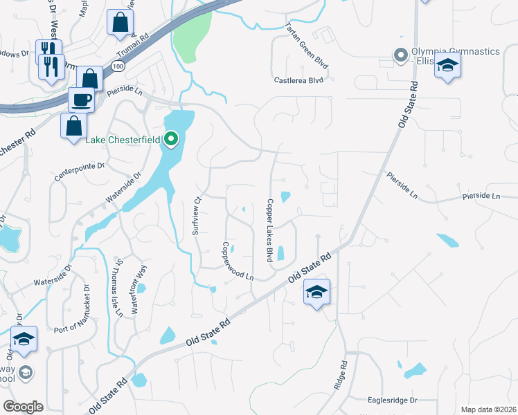 map of restaurants, bars, coffee shops, grocery stores, and more near 380 Copper Lakes Boulevard in Wildwood