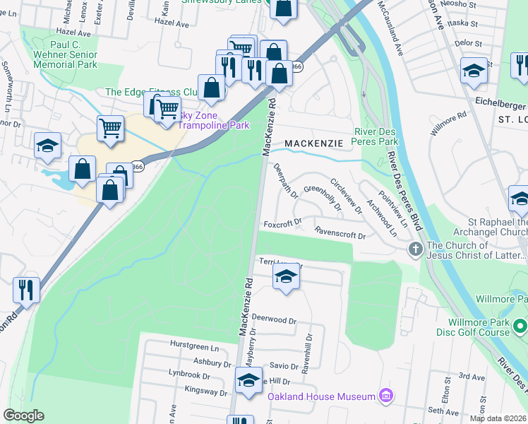 map of restaurants, bars, coffee shops, grocery stores, and more near 7259 Cranston Drive in St. Louis