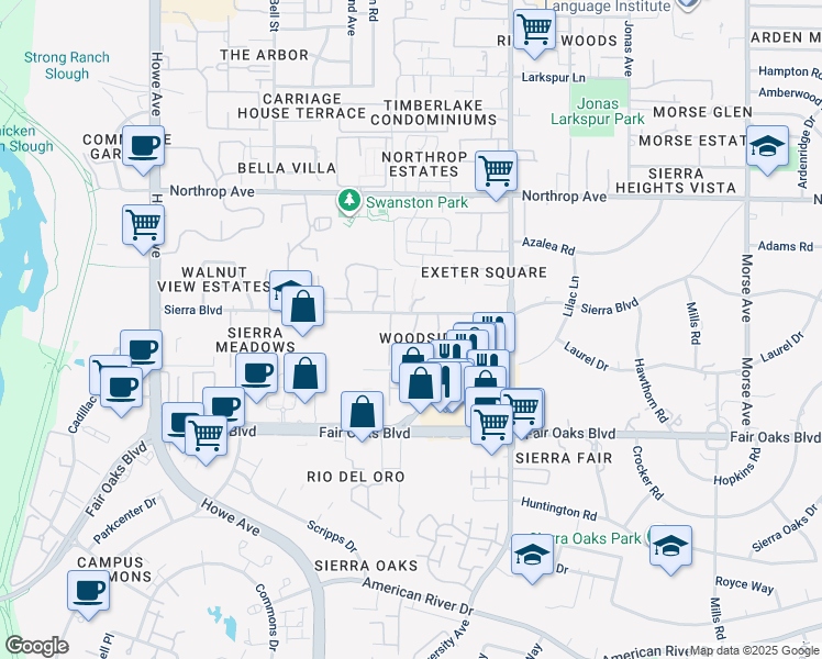 map of restaurants, bars, coffee shops, grocery stores, and more near 510 Woodside Oaks in Sacramento