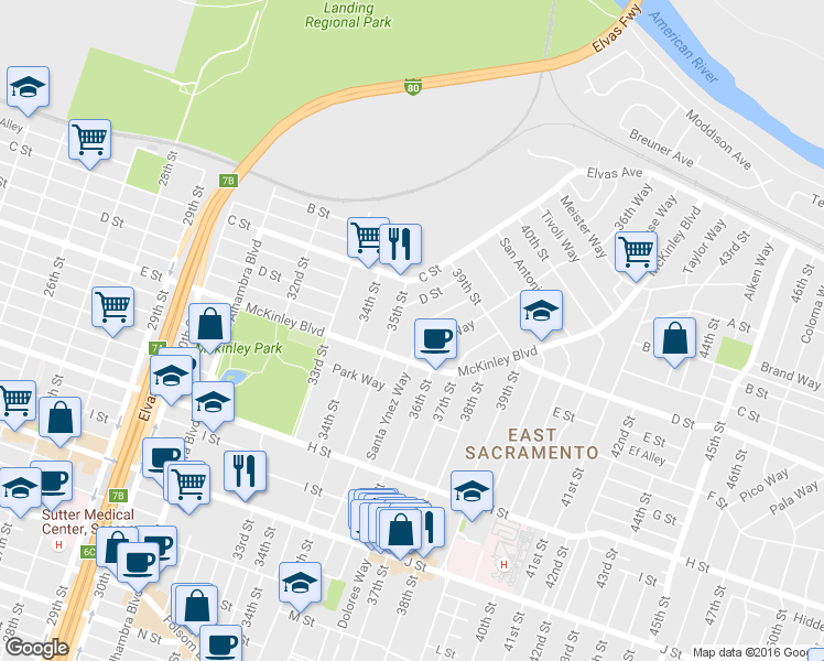 map of restaurants, bars, coffee shops, grocery stores, and more near 431 35th Street in Sacramento