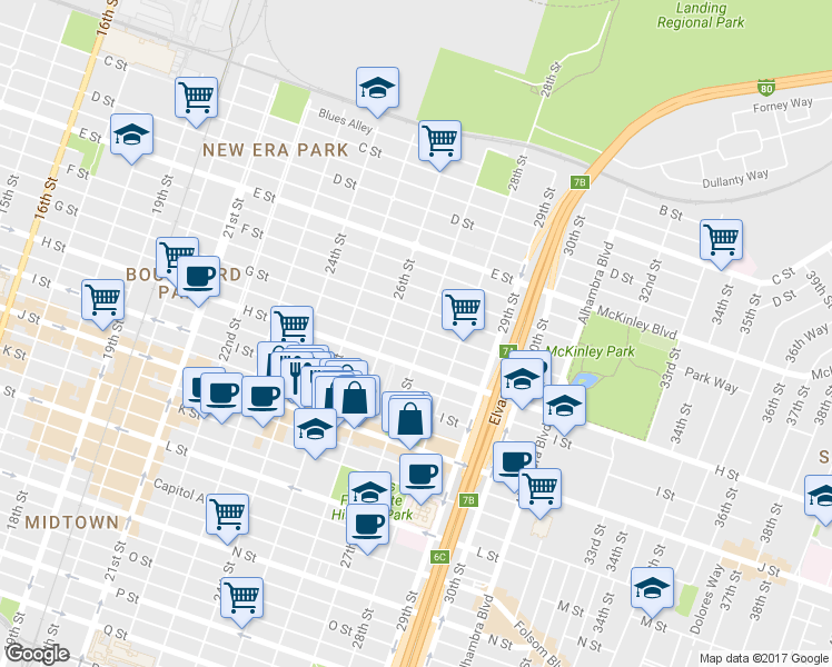 map of restaurants, bars, coffee shops, grocery stores, and more near 2623 H Street in Sacramento