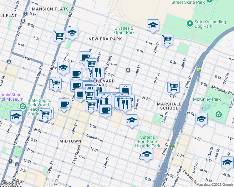 map of restaurants, bars, coffee shops, grocery stores, and more near 2217 I Street in Sacramento