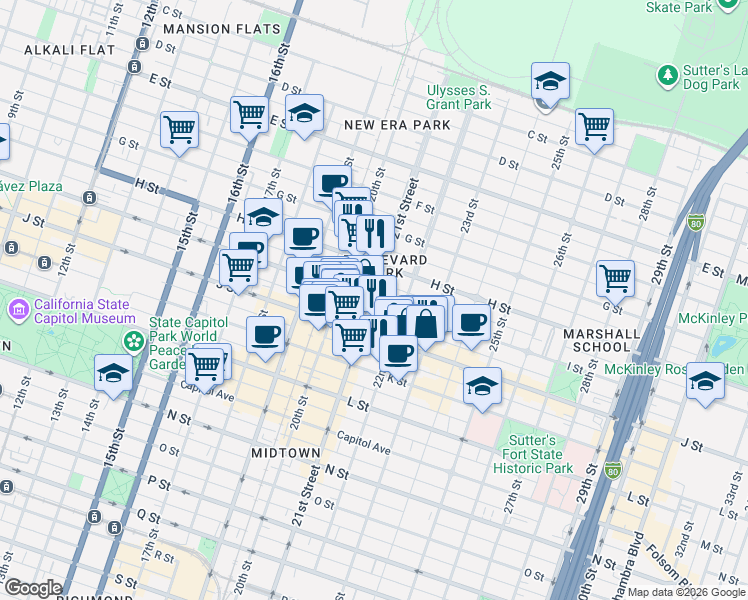 map of restaurants, bars, coffee shops, grocery stores, and more near 2114 I Street in Sacramento