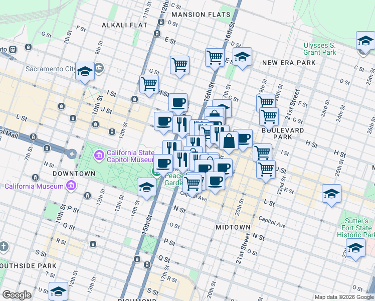 map of restaurants, bars, coffee shops, grocery stores, and more near 1615 K Street in Sacramento