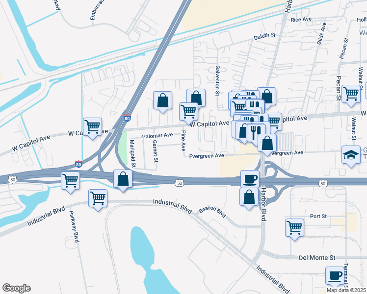 map of restaurants, bars, coffee shops, grocery stores, and more near 3231 Pine Avenue in West Sacramento