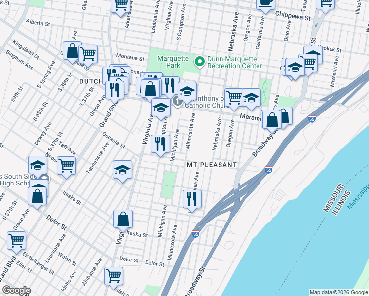map of restaurants, bars, coffee shops, grocery stores, and more near 3119 Osceola Street in St. Louis