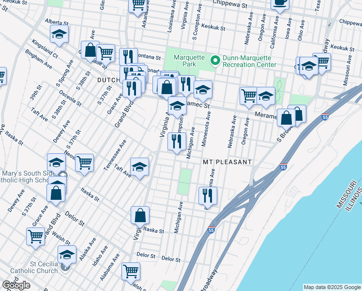 map of restaurants, bars, coffee shops, grocery stores, and more near in St. Louis