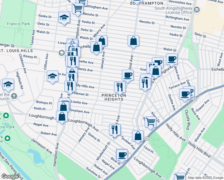 map of restaurants, bars, coffee shops, grocery stores, and more near in St. Louis
