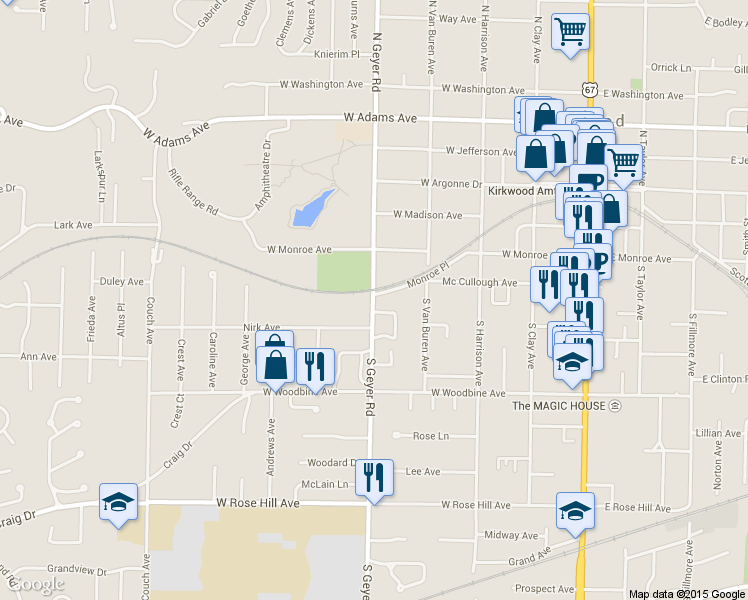map of restaurants, bars, coffee shops, grocery stores, and more near 411 S Geyer Rd in St Louis