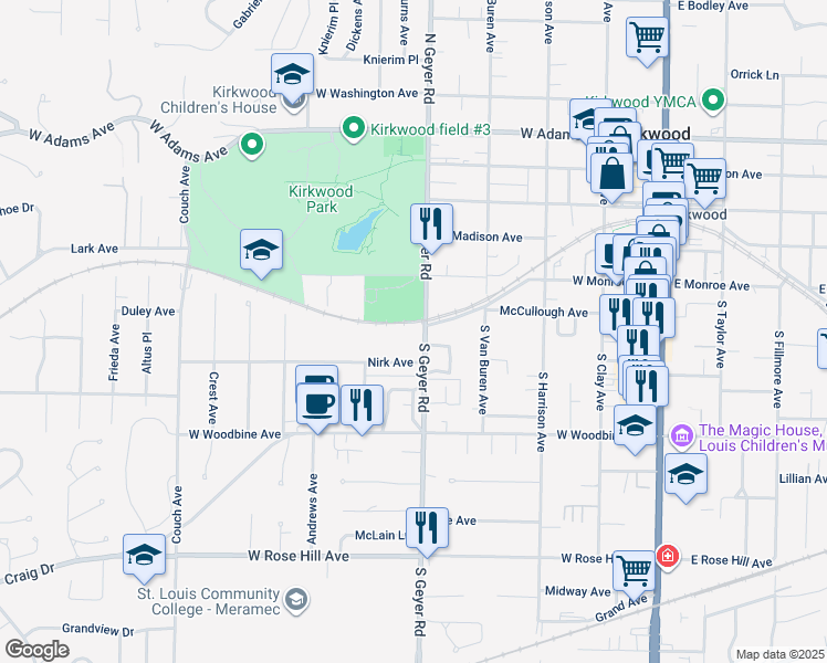 map of restaurants, bars, coffee shops, grocery stores, and more near 448 Colony Woods Drive in Kirkwood