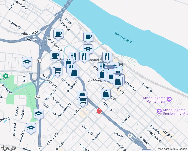 map of restaurants, bars, coffee shops, grocery stores, and more near in Jefferson City