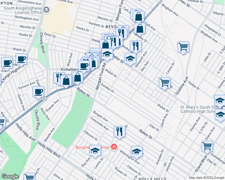 map of restaurants, bars, coffee shops, grocery stores, and more near 4171 Schiller Place in St. Louis