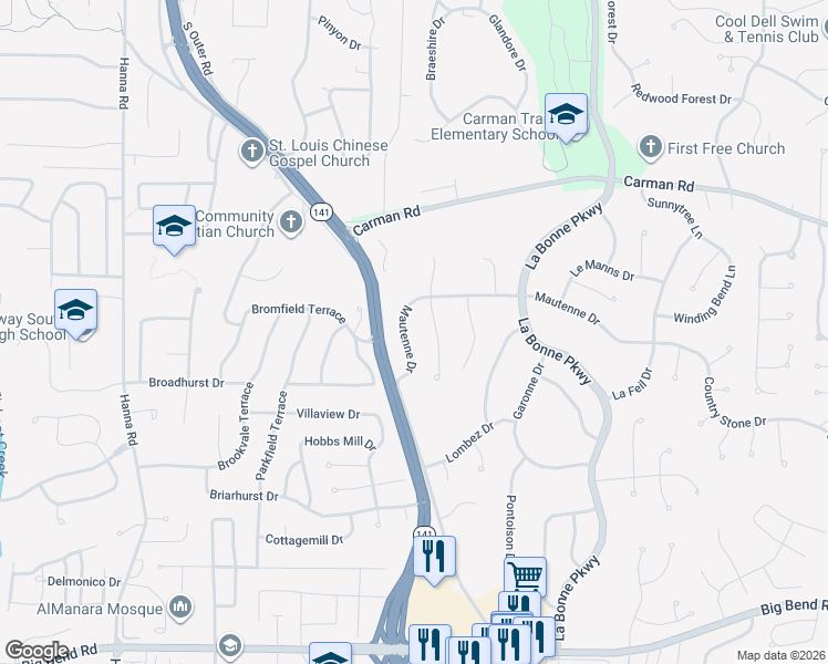 map of restaurants, bars, coffee shops, grocery stores, and more near 1262 Mautenne Drive in Ballwin