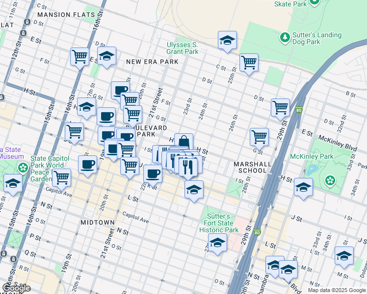 map of restaurants, bars, coffee shops, grocery stores, and more near 2318 H Street in Sacramento