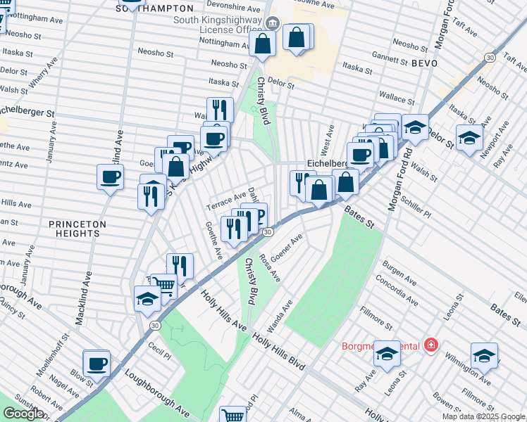 map of restaurants, bars, coffee shops, grocery stores, and more near 4631 Dahlia Avenue in St. Louis