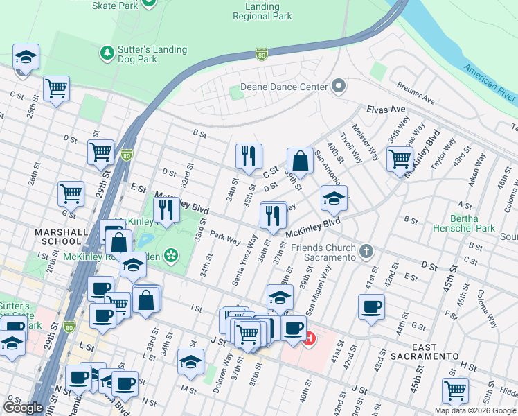 map of restaurants, bars, coffee shops, grocery stores, and more near 431 35th Street in Sacramento
