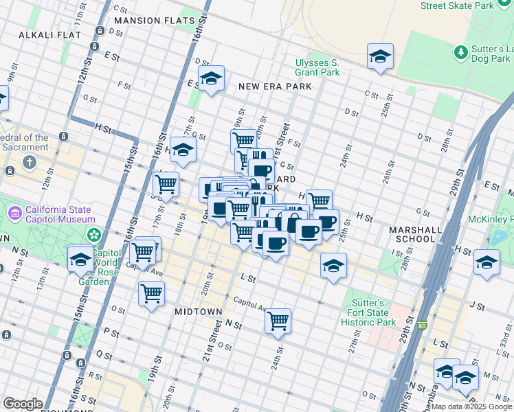 map of restaurants, bars, coffee shops, grocery stores, and more near 21st St & I St in Sacramento