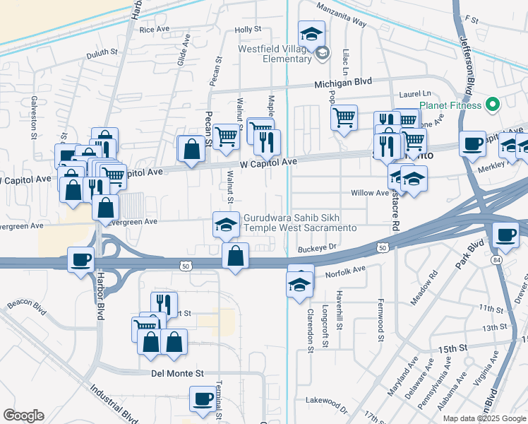 map of restaurants, bars, coffee shops, grocery stores, and more near 2145 Evergreen Avenue in West Sacramento