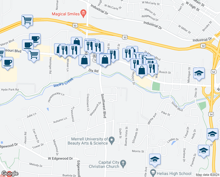 map of restaurants, bars, coffee shops, grocery stores, and more near 819 Southwest Boulevard in Jefferson City