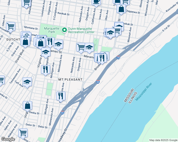 map of restaurants, bars, coffee shops, grocery stores, and more near 2740 Chariton Street in Saint Louis