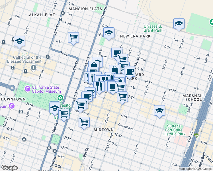 map of restaurants, bars, coffee shops, grocery stores, and more near 1812 J Street in Sacramento