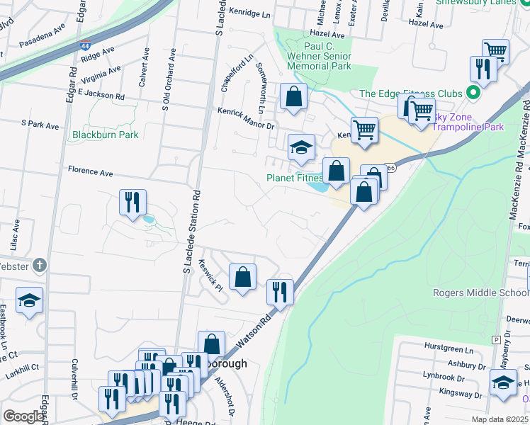 map of restaurants, bars, coffee shops, grocery stores, and more near 7663 Watson Road in St. Louis