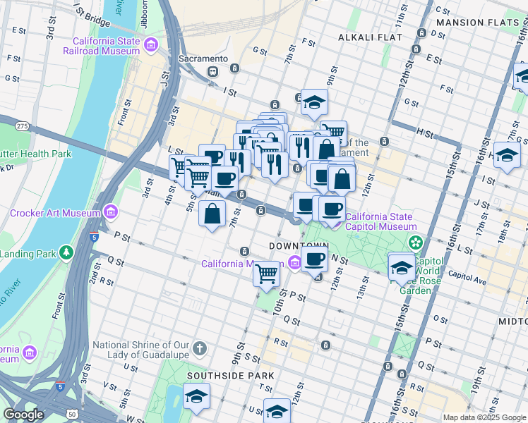 map of restaurants, bars, coffee shops, grocery stores, and more near 800 Capitol Mall in Sacramento