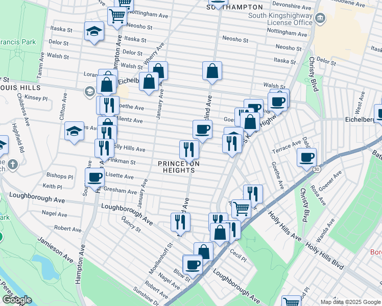 map of restaurants, bars, coffee shops, grocery stores, and more near 5415 Holly Hills Avenue in St. Louis