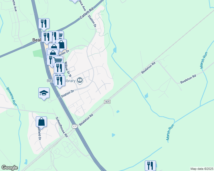 map of restaurants, bars, coffee shops, grocery stores, and more near 6115 Waverly Way in Bealeton