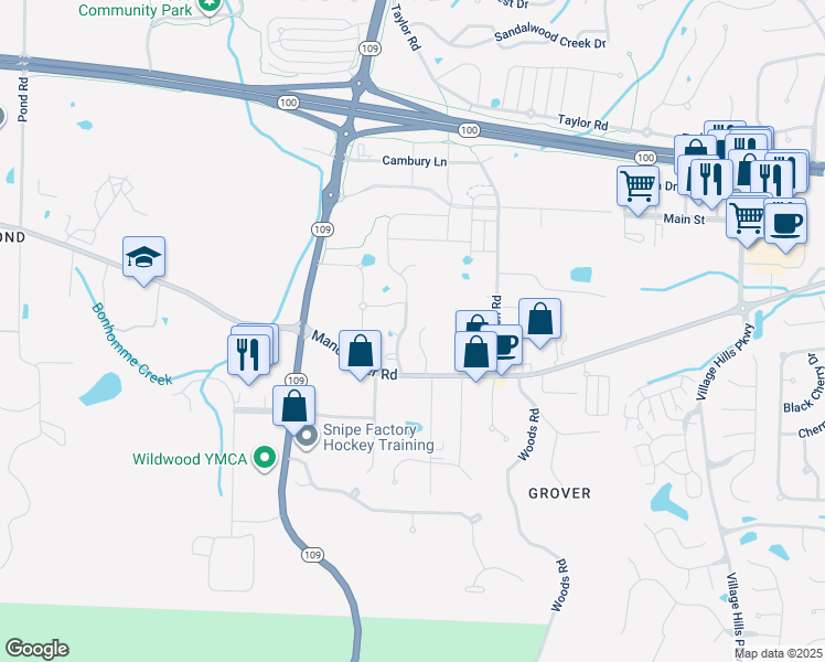 map of restaurants, bars, coffee shops, grocery stores, and more near 2586 Grover Ridge Drive in Wildwood