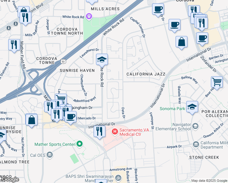 map of restaurants, bars, coffee shops, grocery stores, and more near 3600 Data Drive in Rancho Cordova
