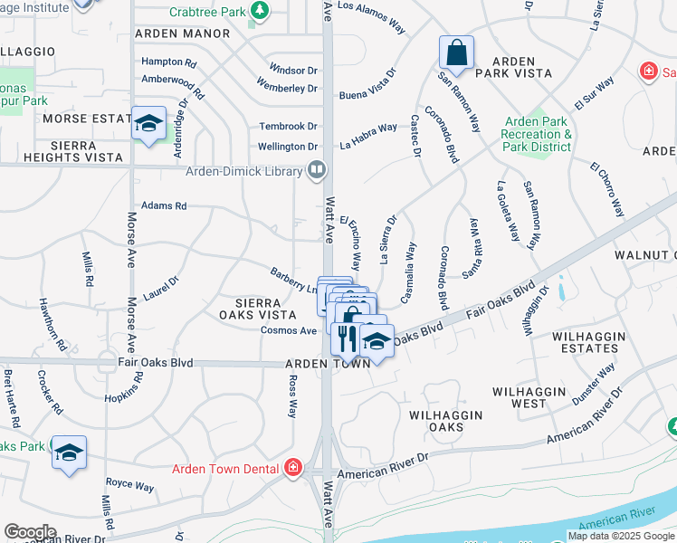 map of restaurants, bars, coffee shops, grocery stores, and more near 700 Watt Avenue in Sacramento